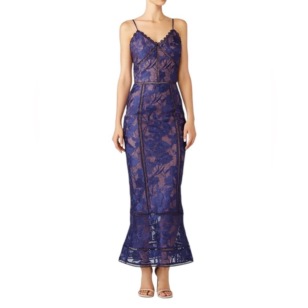 MARCHESA NOTTE Purple Lace Trumpet Style Special Occasion Dress